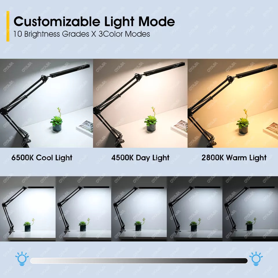 LED Desk Lamp, Adjustable Swing Arm Lamp with Clamp, Eye-Caring Reading Desk Light, 10 Brightness Levels, 3 Lighting Modes, Memory Function Desk Lamps for Home Office with Adapter (Black)
