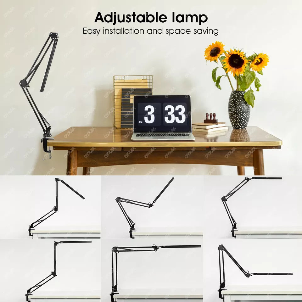 LED Desk Lamp, Adjustable Swing Arm Lamp with Clamp, Eye-Caring Reading Desk Light, 10 Brightness Levels, 3 Lighting Modes, Memory Function Desk Lamps for Home Office with Adapter (Black)
