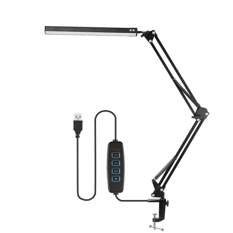 LED Desk Lamp, Adjustable Swing Arm Lamp with Clamp, Eye-Caring Reading Desk Light, 10 Brightness Levels, 3 Lighting Modes, Memory Function Desk Lamps for Home Office with Adapter (Black)
