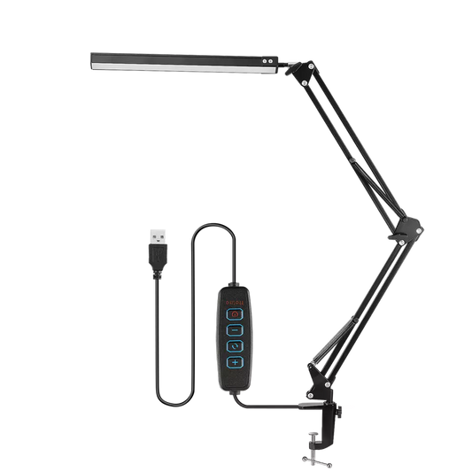 LED Desk Lamp with adjustable swing arm and clamp on a work desk

