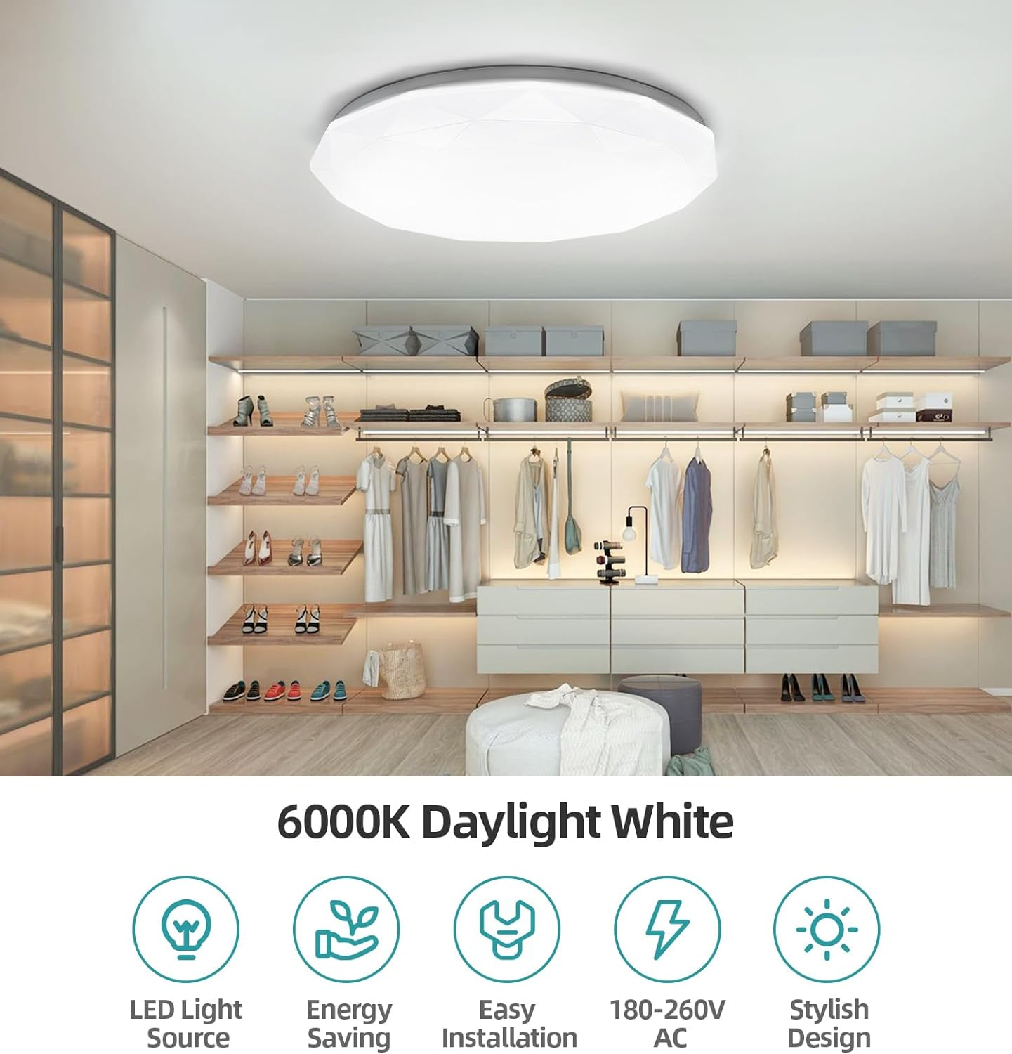 LED Flush Mount Ceiling Light Fixture, 36W Adjustable Ceiling Lights Diamond Ceiling Lamp for Bedroom Living Room DecorEnergy-Efficient 24W LED Ceiling Panel Light - 6000K Daylight White