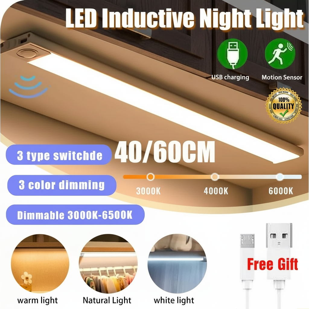 LED Inductive Night Light with USB charging and motion sensor features, showing light output and color options.