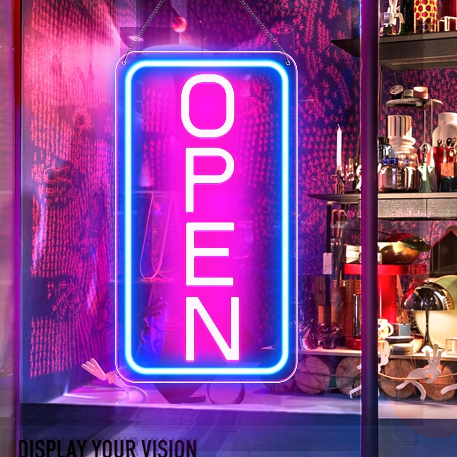 LED Neon Open Sign 16"x9" Vertical, Ultra Bright Dimmable USB Powered Open Light for Business Windows, Cafes, Shops & Bars