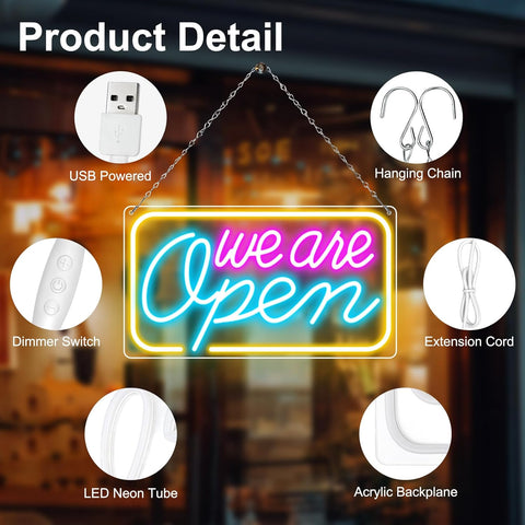 LED Neon We Are Open Sign 16.5"x9" – Bright USB Powered Open Sign with ON/OFF Switch for Business, Stores, Bars, Restaurants