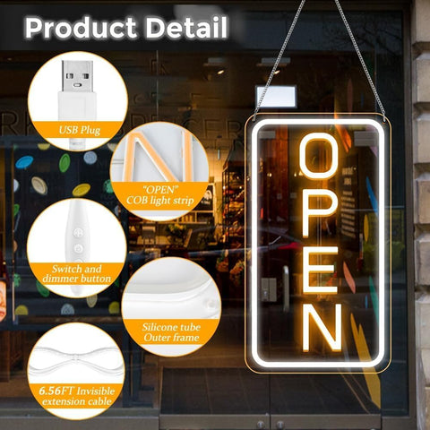 LED Neon Open Sign 16"x9" Vertical – Ultra Bright Dimmable USB Light Up Sign for Business, Shop, Café, Restaurant, Bar, Hotel