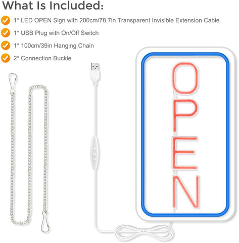 LED 'OPEN' sign with extension cable, USB plug, and hanging chain on a white background.