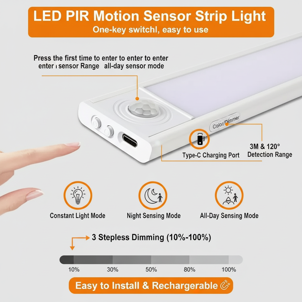 LED PIR Motion Sensor Strip Light with features and usage instructions on a white background