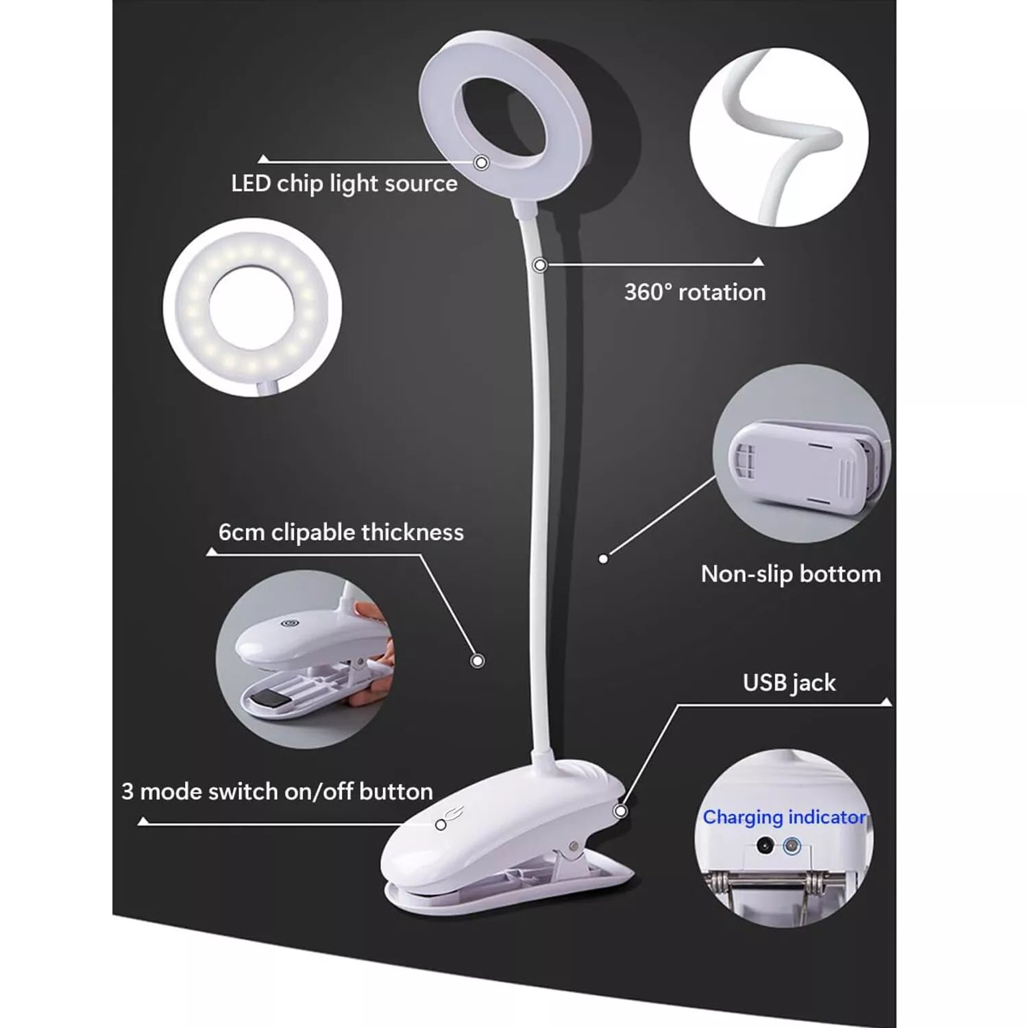 LED Rechargeable Clamp Clip On Flexible Desk Light Reading Table Night Lamp -USB