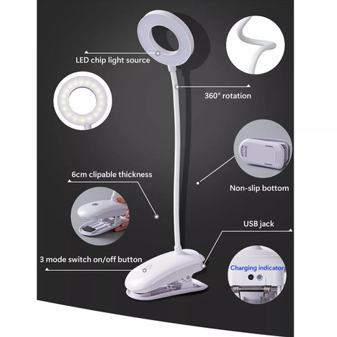 LED Rechargeable Clamp Clip On Flexible Desk Light Reading Table Night Lamp -USB