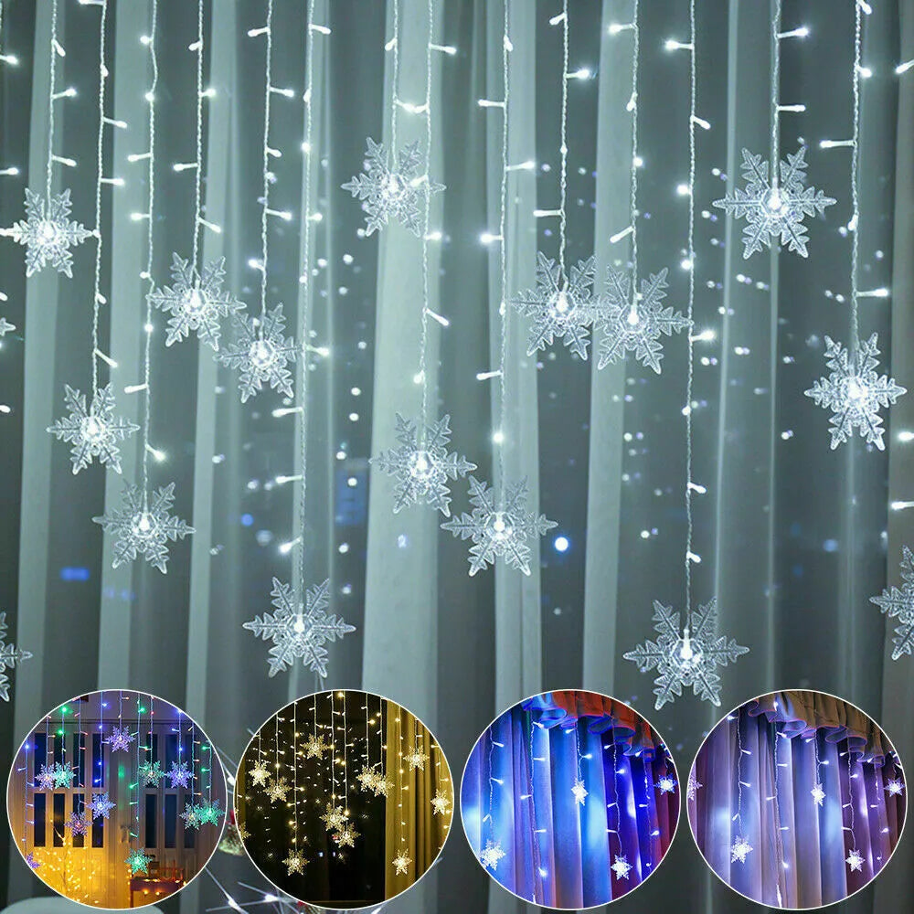 Holiday curtain lights with snowflakes in twinkle mode

