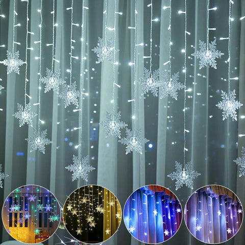 Holiday curtain lights with snowflakes in twinkle mode

