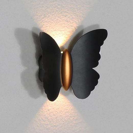 LED Wall Light IP65 Waterproof Indoor Outdoor Up and Down Butterfly Design Wall Lamps 3000k 6W Lighting Fixture Perfect for Home Deco Garden Porch Hallway Bedroom (Black) [Energy Class E]