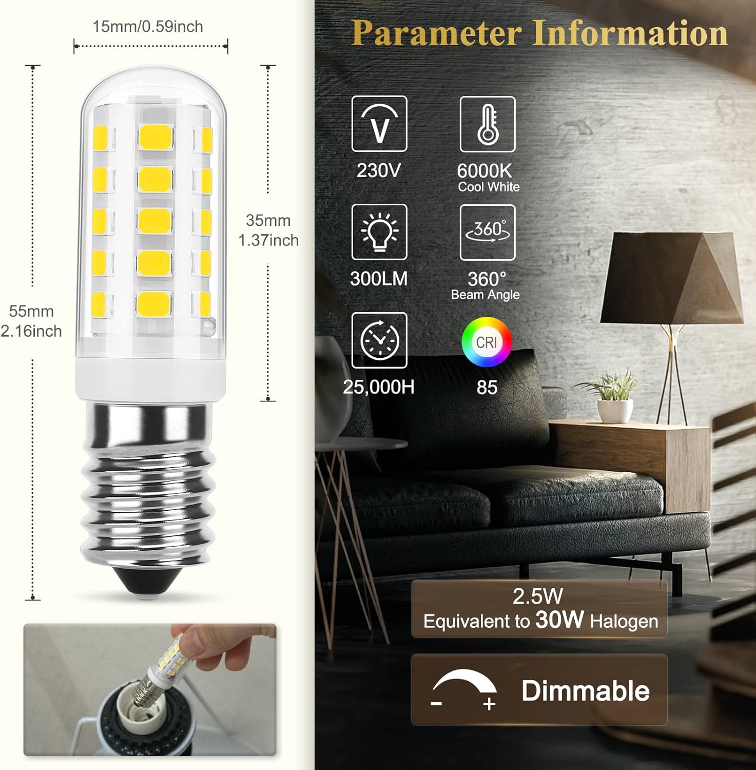 LED bulb with specifications and a living room setting