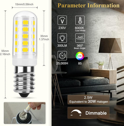 LED bulb with specifications and a living room setting