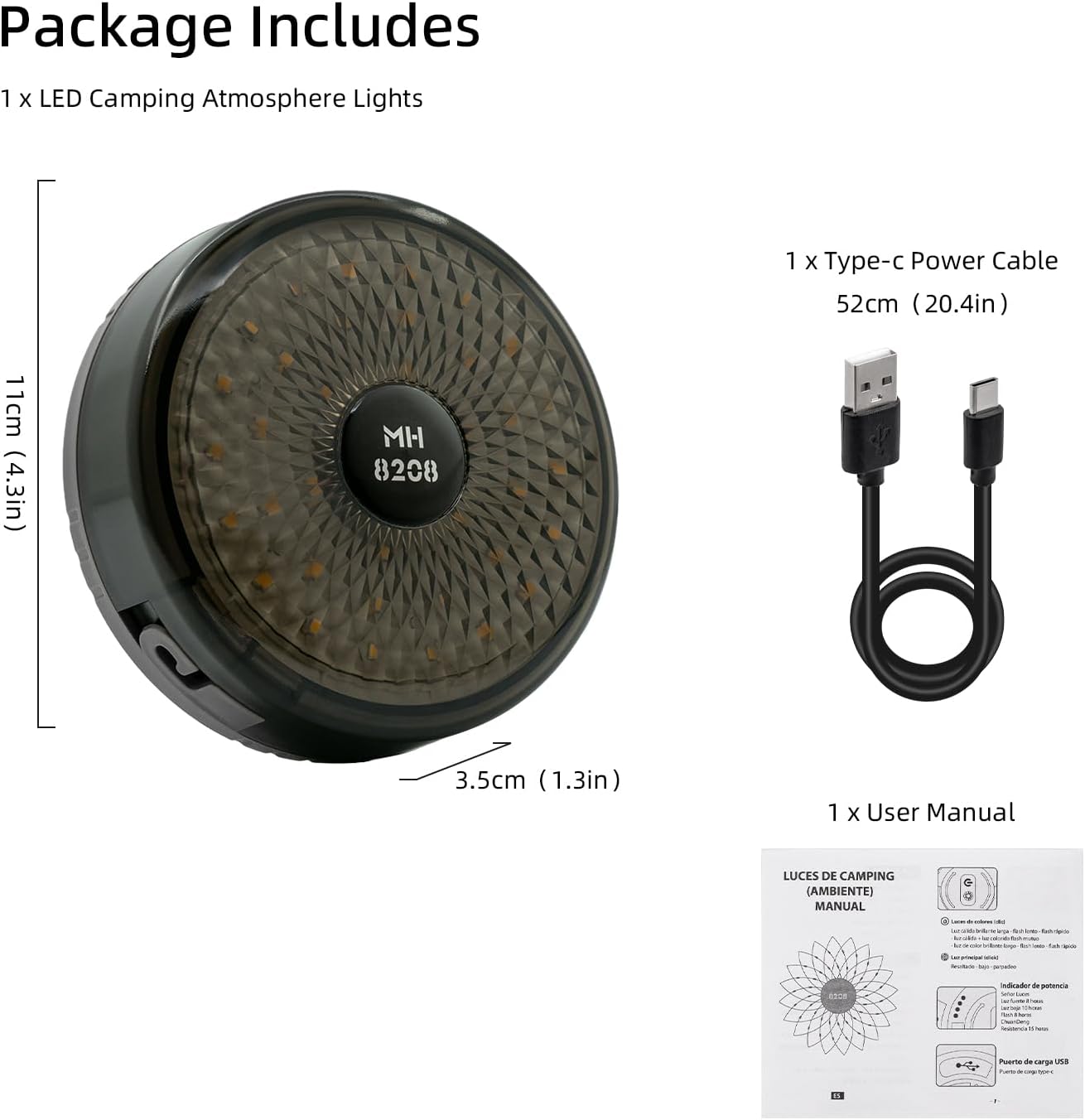 LED camping atmosphere light with power cable and user manual on a white background