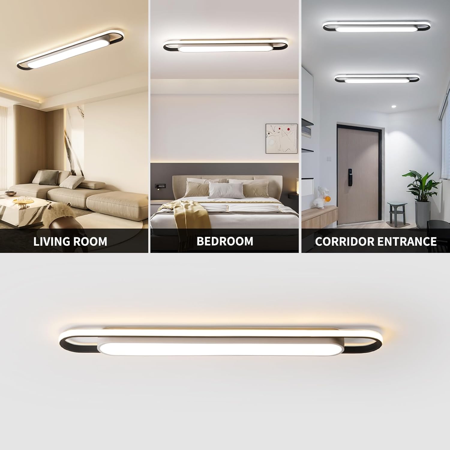 LED ceiling light fixture shown in living room, bedroom, and corridor entrance settings.