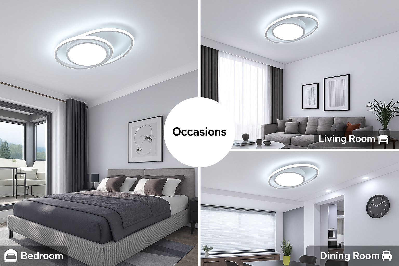 LED ceiling lights in a bedroom, living room, and dining room.