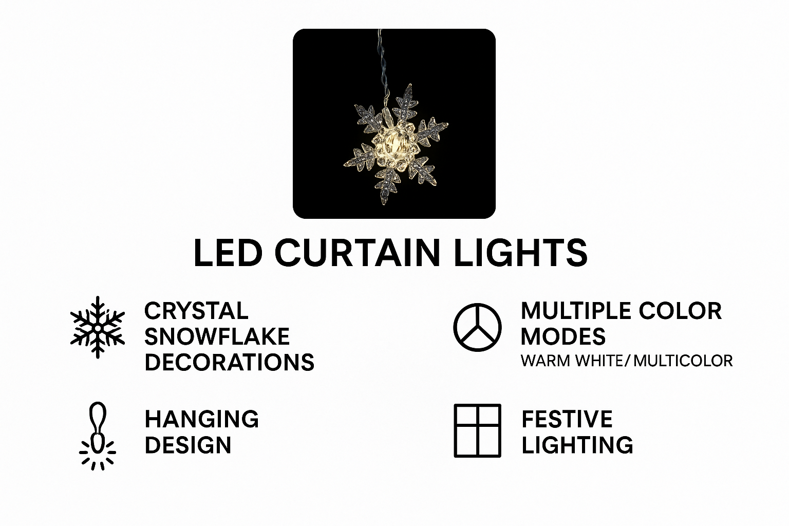 LED curtain lights with crystal snowflake decorations on a white background