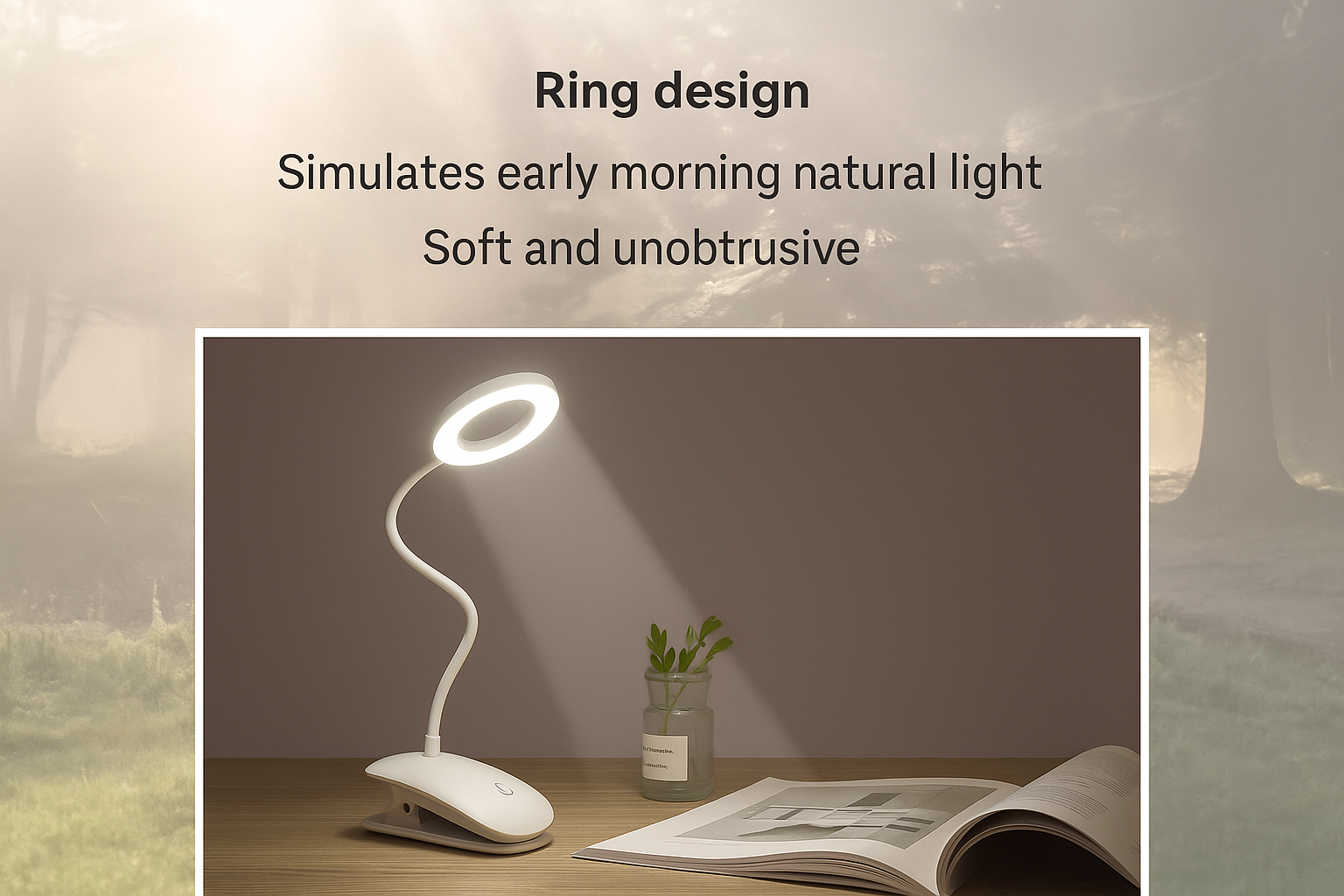 LED desk lamp with ring design on a table with a book and plant, simulating early morning natural light.