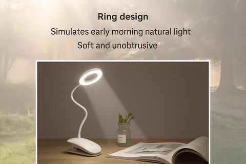 LED desk lamp with ring design on a table with a book and plant, simulating early morning natural light.