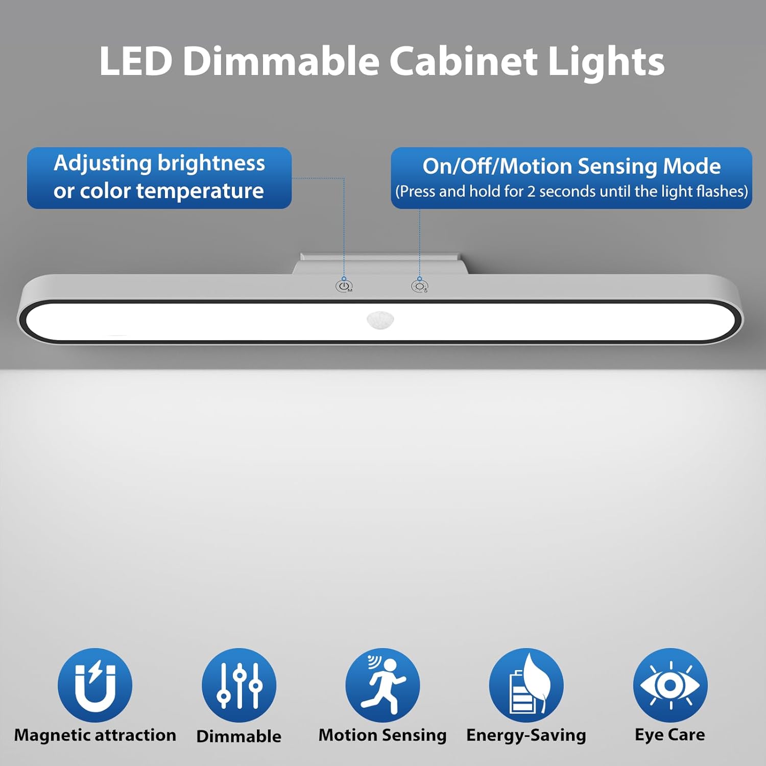 LED dimmable cabinet light with features on a gray background