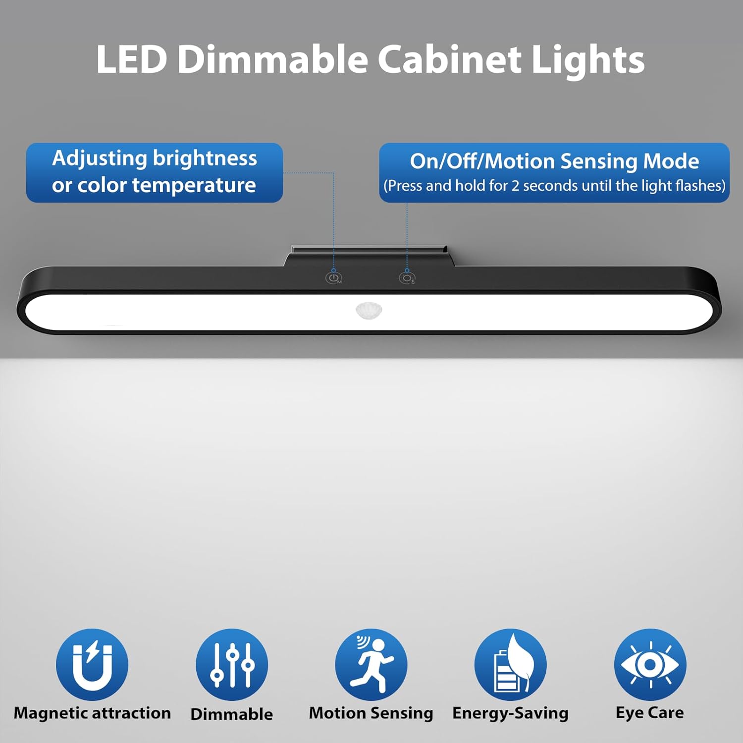 LED dimmable cabinet light with features on a gray background