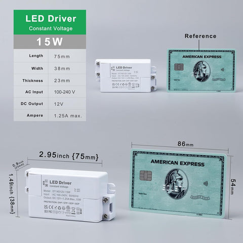 LED driver with dimensions and specifications on a gray background