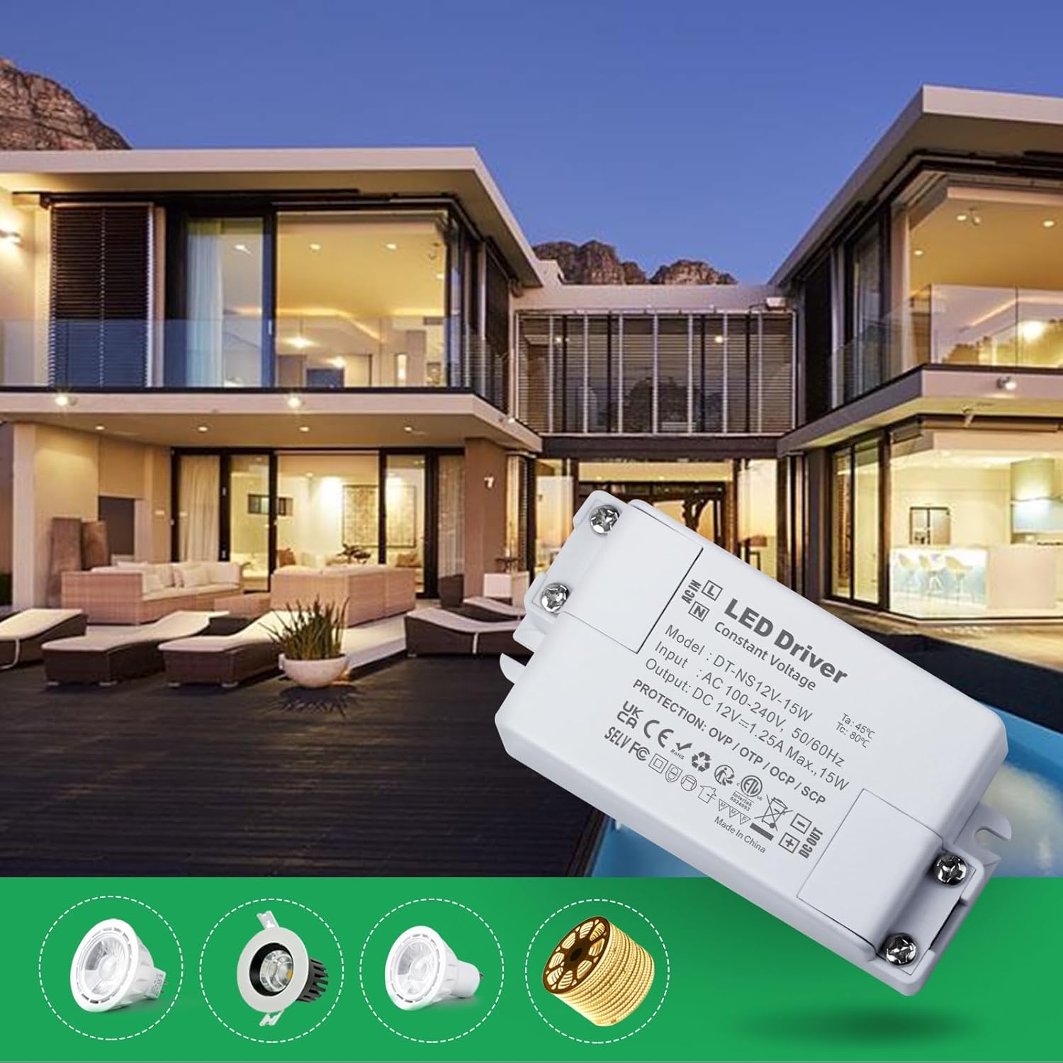 LED driver with modern house exterior and pool in the background