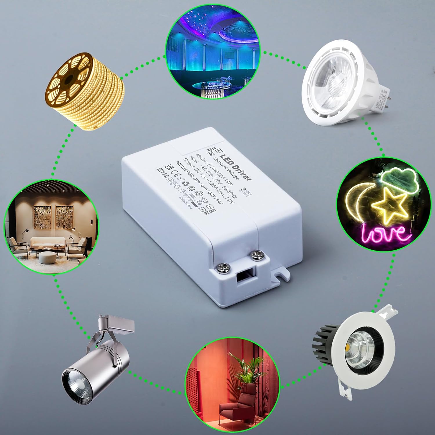 LED driver with various light fixtures and scenes on a gray background