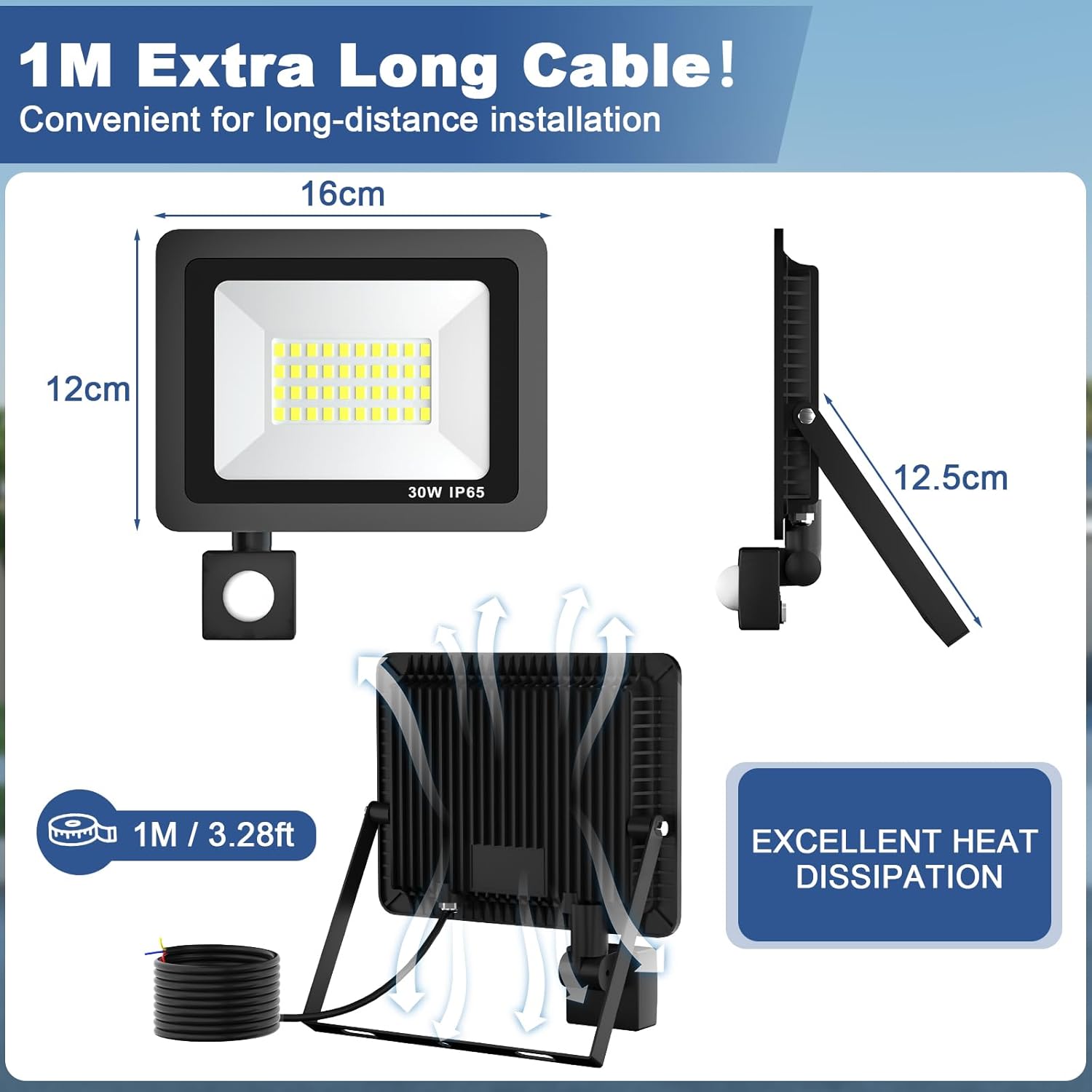 LED flood light with 1M extra long cable and heat dissipation features on a white background