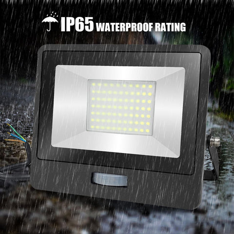LED flood light with IP65 waterproof rating label in a rain scene