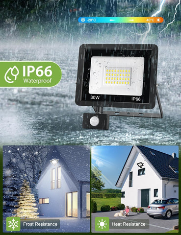 LED flood light with IP66 waterproof rating, shown in rain and outdoor settings.