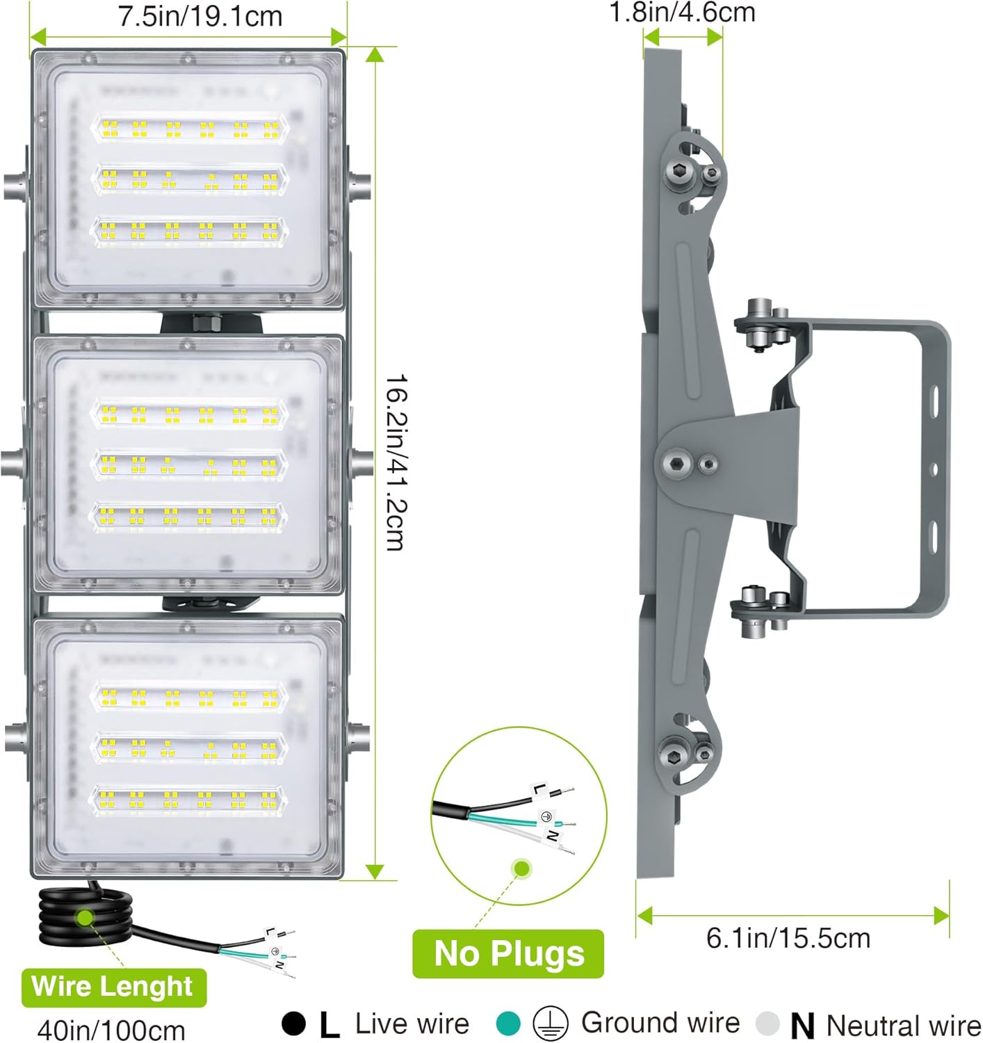 LED flood light with dimensions and wiring diagram on a white background