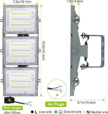 LED flood light with dimensions and wiring diagram on a white background