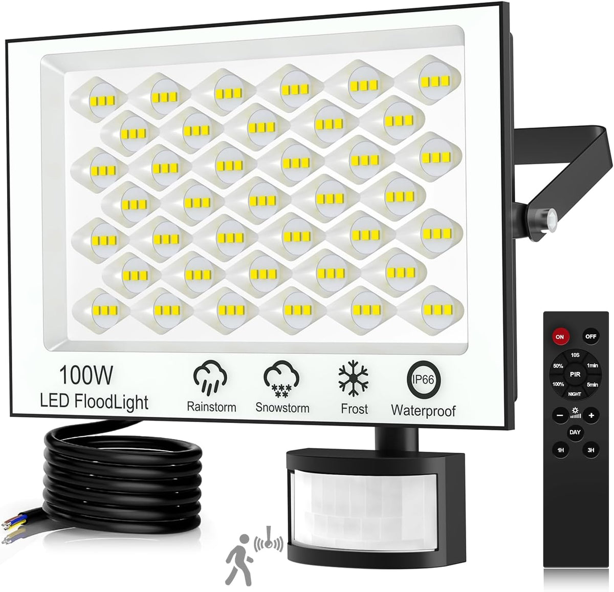 LED flood light with motion sensor and remote control on a white background