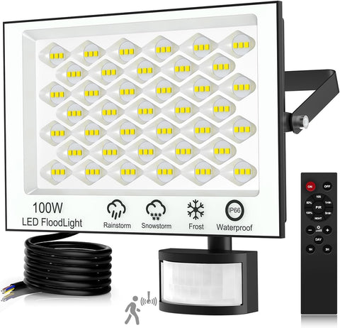 LED flood light with motion sensor and remote control on a white background