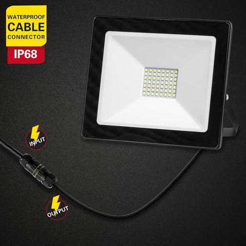 LED flood light with waterproof cable connector on a black background