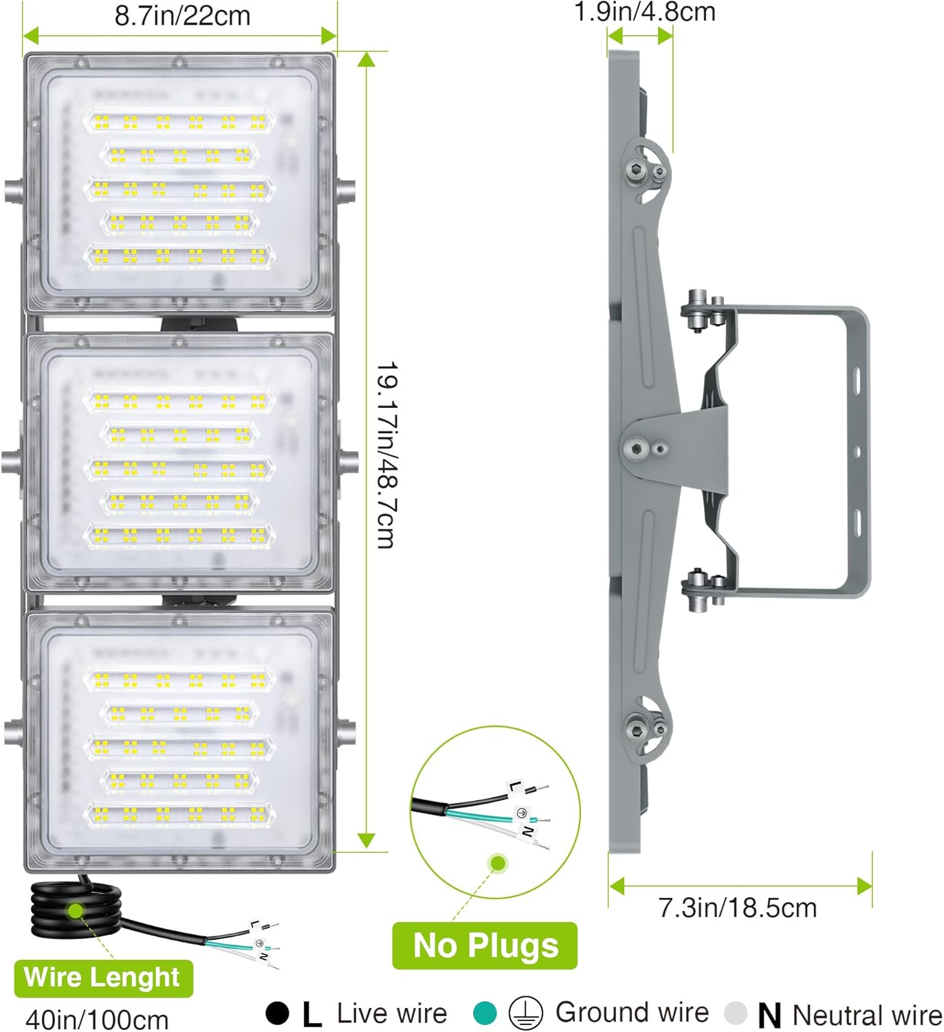 LED flood light with dimensions and wiring diagram on a white background