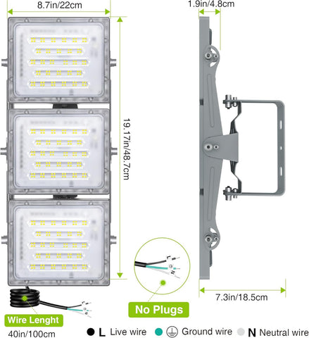 LED flood light with dimensions and wiring diagram on a white background