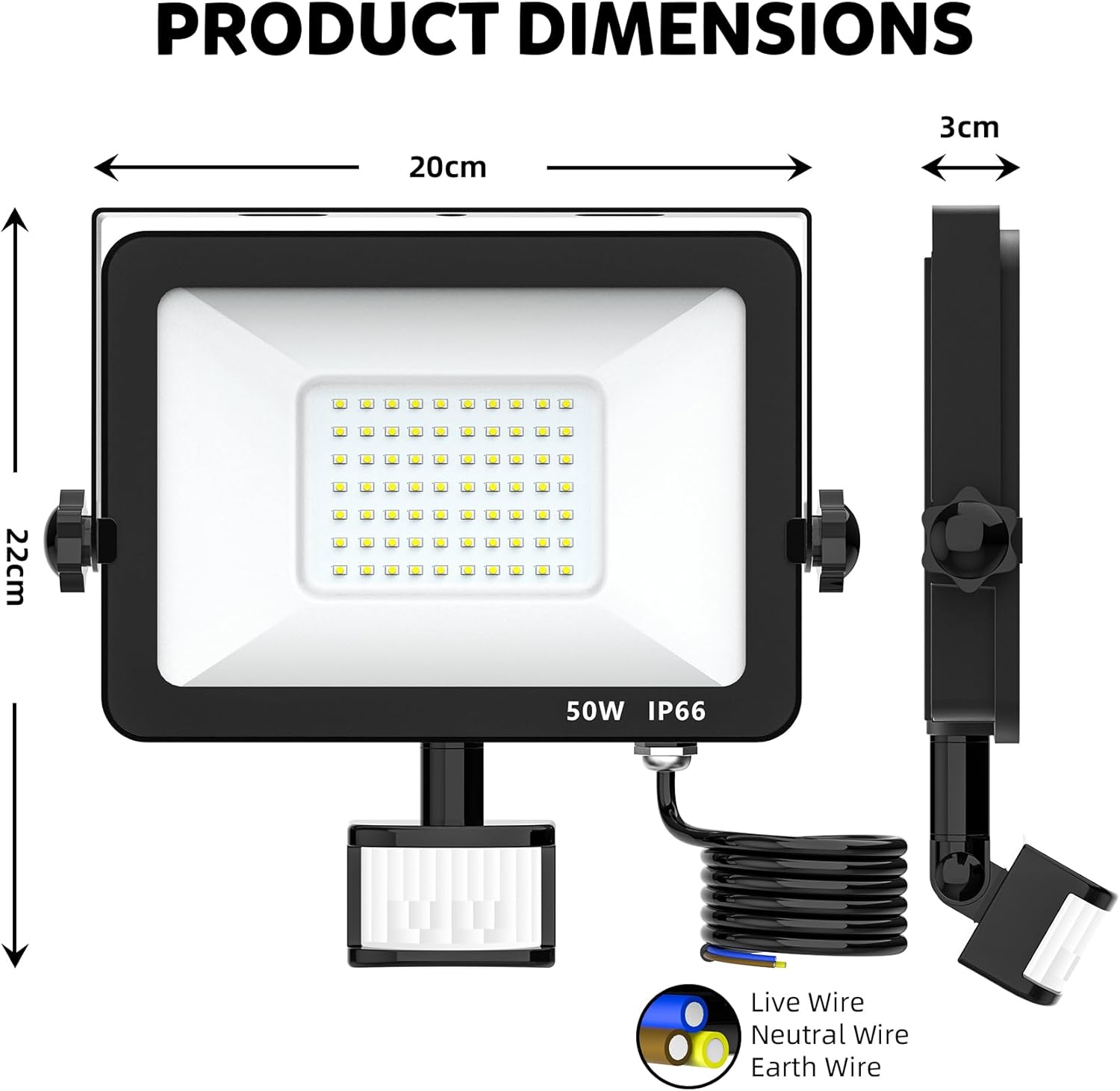 LED flood light with dimensions and wiring diagram on a white background