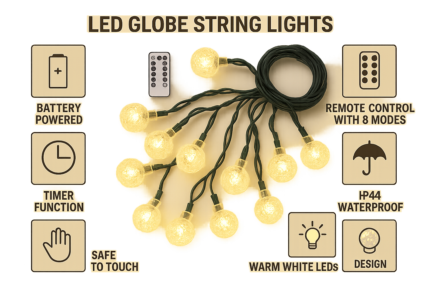 LED globe string lights with remote control, battery power, timer function, and IP44 rating on a white background.