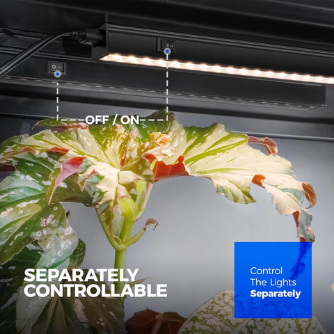 LED grow light on a plant with control switch and text indicating separately controllable lights.