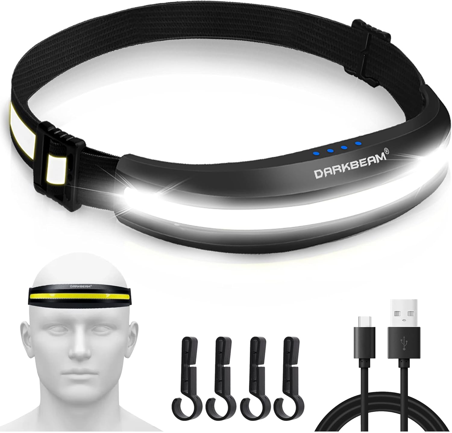  LED headband with USB cable on a white background
