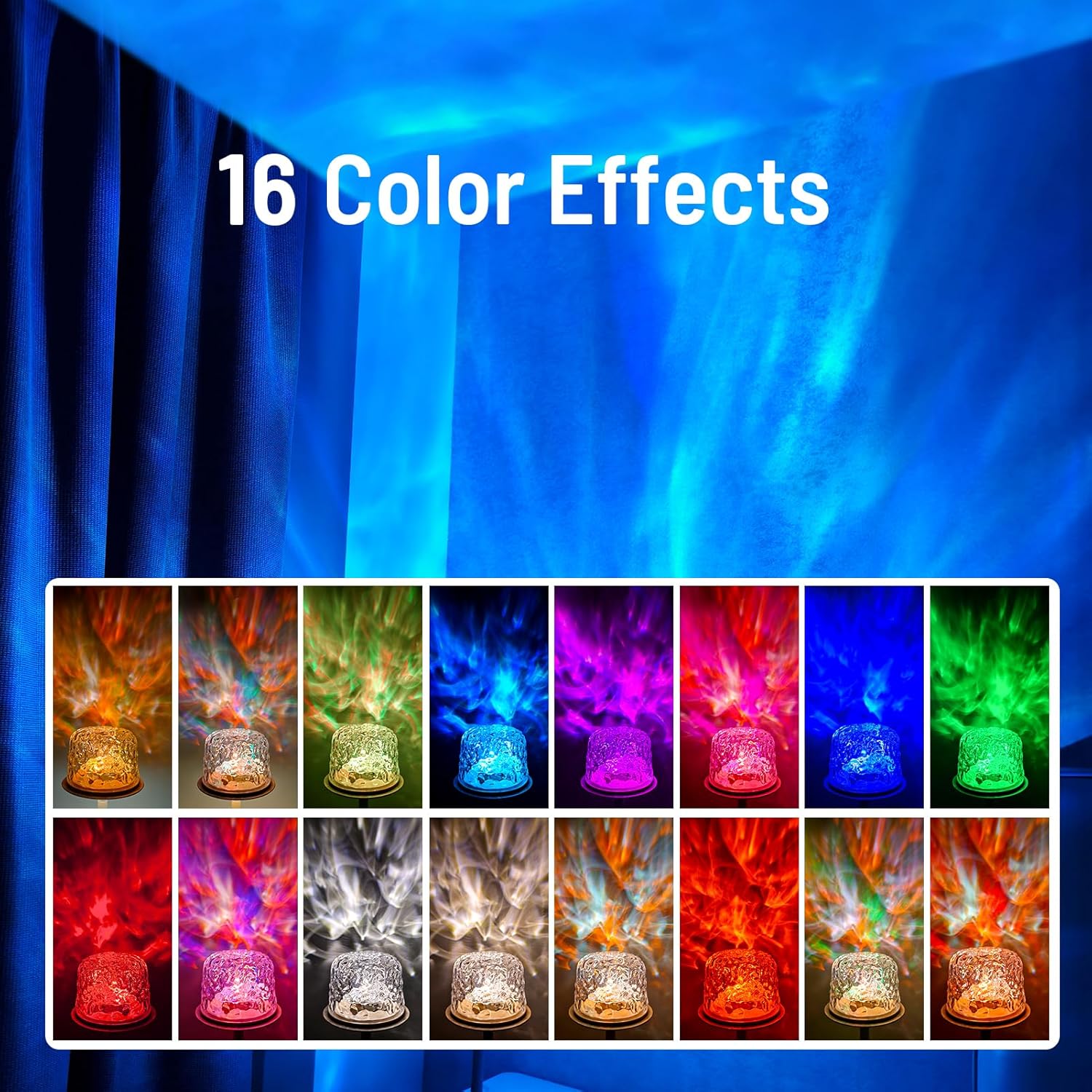 LED lamp with 16 color effects displayed against a blue curtain background.