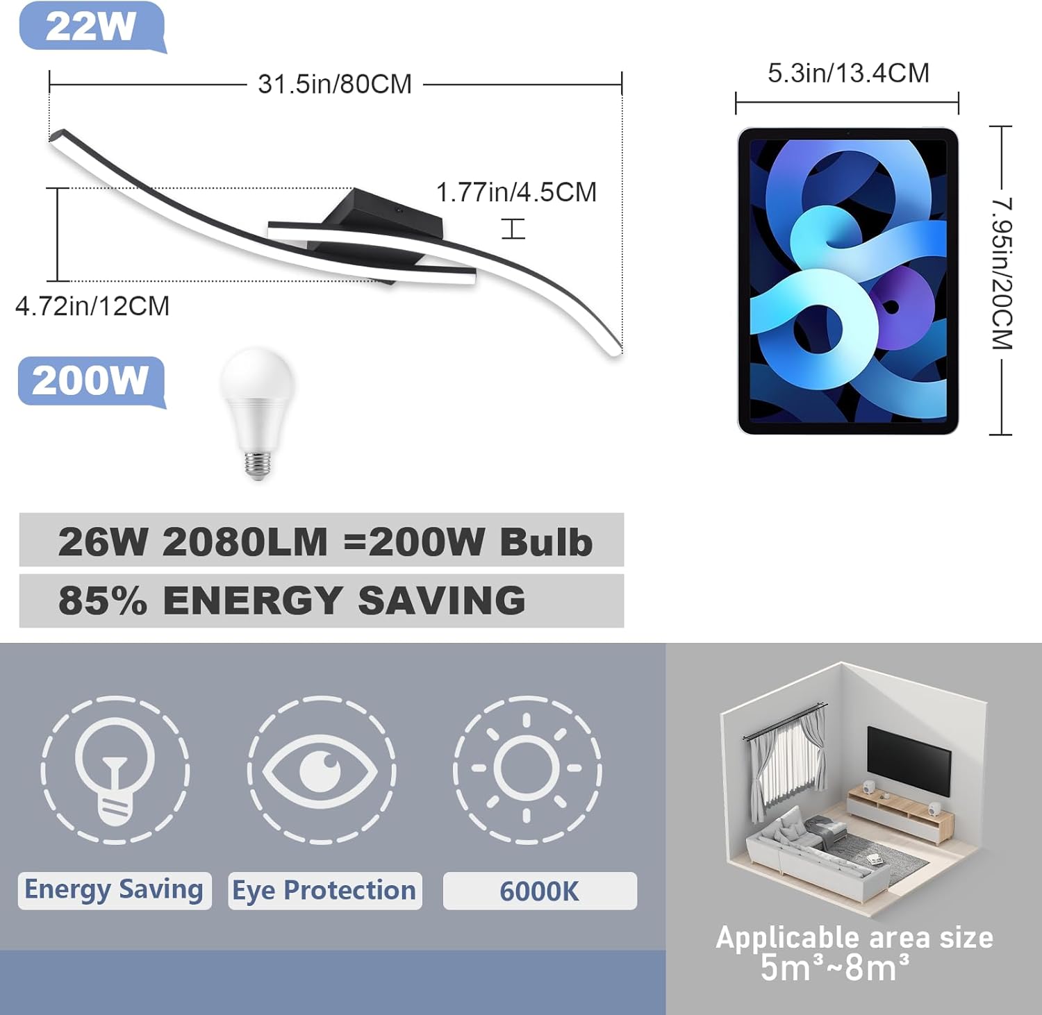 LED light bar with energy saving features and dimensions displayed.