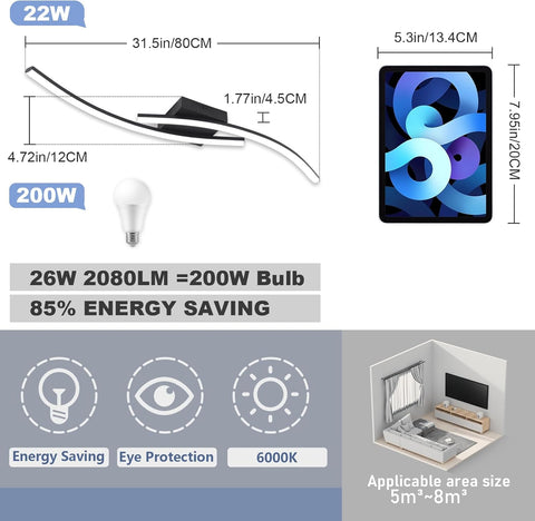 LED light bar with energy saving features and dimensions displayed.