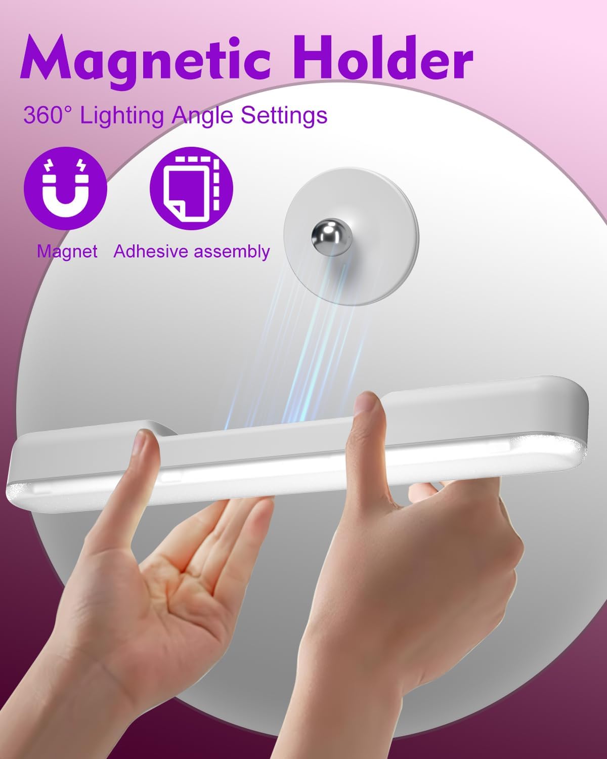 LED light bar with magnetic and adhesive holder on a purple background
