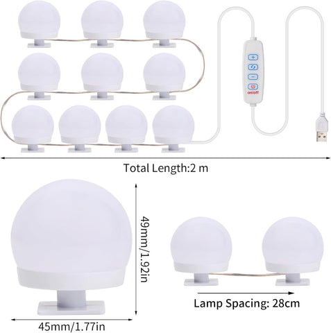 LED light bulb set with USB cable and control panel, showing dimensions and spacing.