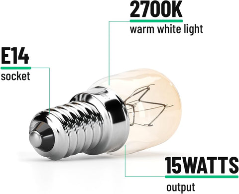 LED light bulb with E14 socket, 2700K warm white light, and 15 watts output on a white background.