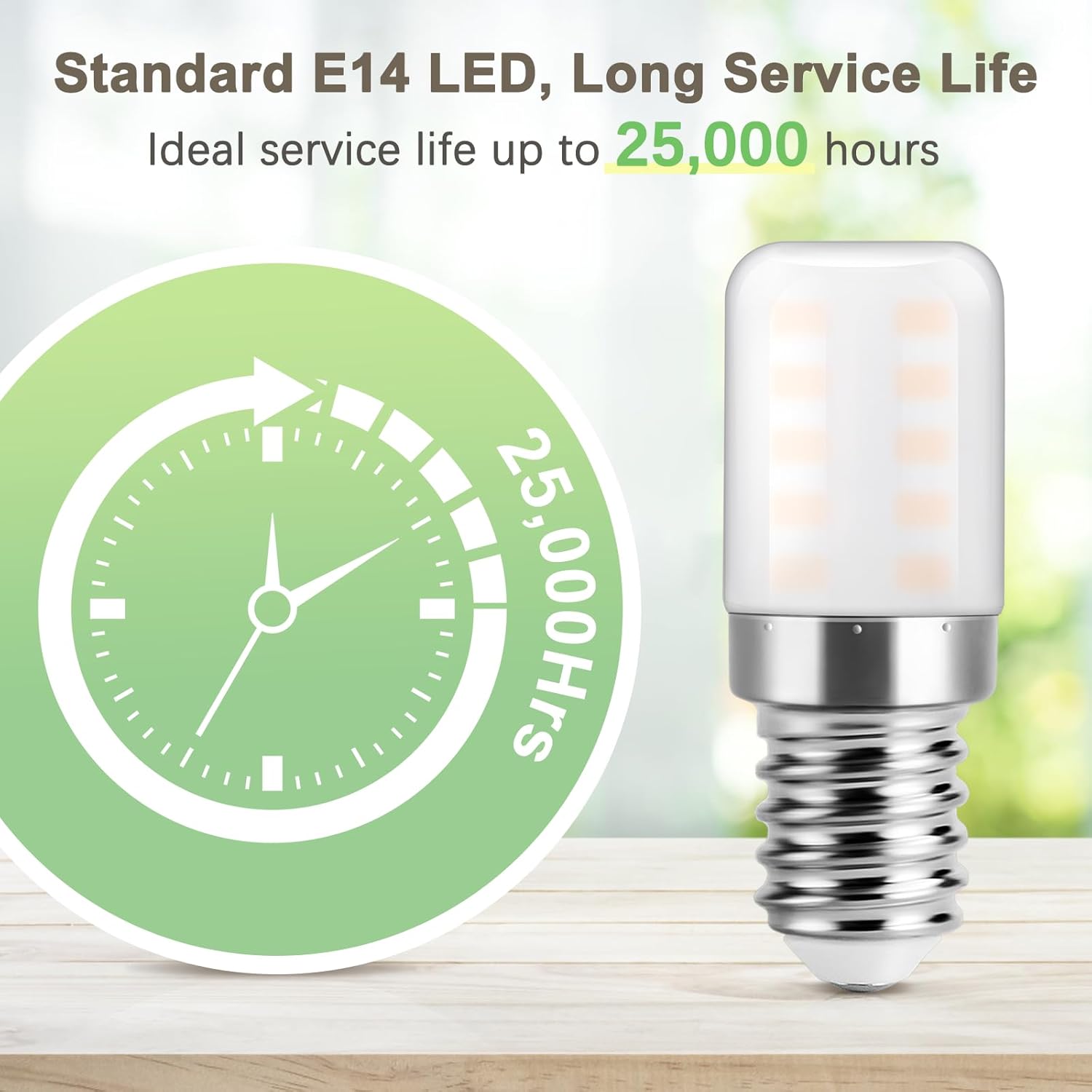 LED light bulb with a clock icon indicating 25,000 hours service life on a blurred natural background.